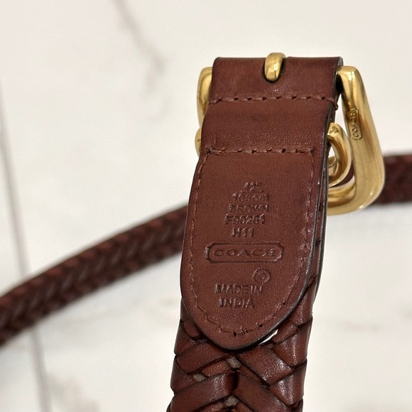 Coach Brown Braided Woven Leather Belt‎ Men's 42" 105 cm F90261 Gold Tone Buckle - Picture 2 of 6